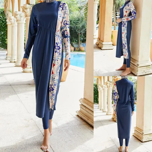 Vista 2 de Traje de baño musulmán burkini para mujer, traje de baño modesto islámico de manga larga cubierta completa Hijab vestido top traje de baño