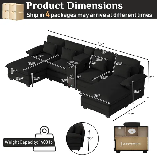 Vista 2 de Sofá nube en forma de U de 130 pulgadas con casa para gatos, sofá modular de gran tamaño para sala de estar, cómodo sofá grande de chenilla, juego