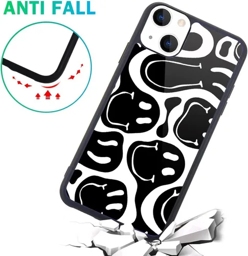 Vista 5 de Funda compatible con iPhone 13 para niños y mujeres, diseño divertido de cara, parte trasera dura con negro, divertido y lindo patrón de arte