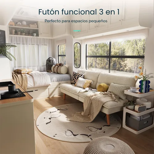 Vista 7 de LINSY Sofá cama futón de pana de 71 pulgadas con respaldo ajustable, futones plegables convertibles para espacios pequeños, salas de estar Beige