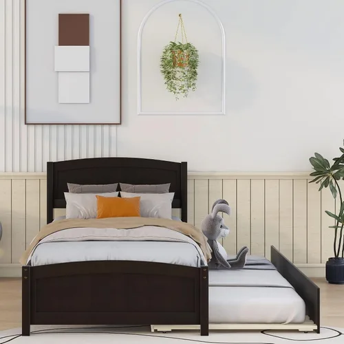 Vista 3 de Harper & Bright Designs Base de cama individual, plataforma de madera con nido, cabecero, estribo y soporte de listones de madera (espresso con nido)