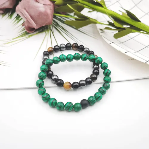 Vista 5 de INENIMARTJ 2 pulseras de obsidiana negra con terapia magnética de hematita de malaquita para hombres y mujeres, pulsera de triple protección