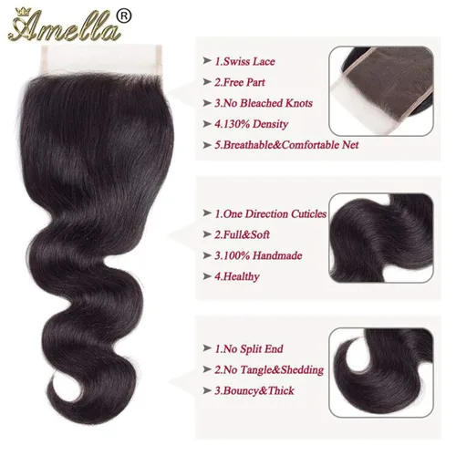 Vista 4 de Amella Cabello brasileño ondulado con cierre (12, 14, 16 + 12 cierre), 3 paquetes de cabello brasileño con cierre de parte libre, cabello humano sin
