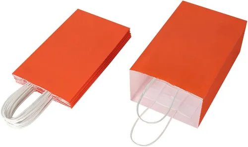 Vista 7 de Cada paquete de 100 bolsas pequeñas de papel kraft naranja y morado con asas a granel