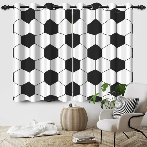 Vista 14 de Cortinas opacas de fútbol para dormitorio de niños, con temática deportiva, para sala de fútbol, cortinas de fútbol en blanco y negro