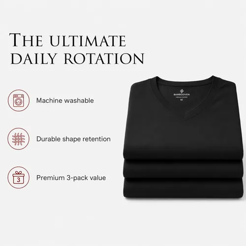 Vista 12 de BAMBOOVEN Paquete de 3 camisetas con cuello en V y rayón de bambú para Cuello en V - Negro