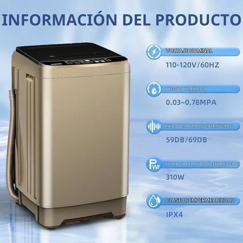 Vista 4 de Lavadora completamente automática con pantalla LED, 10 programas y 8 selecciones de niveles de agua, lavadora de lavandería compacta portátil