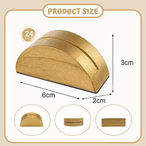 Vista 11 de 24 soportes grandes para números de mesa de 2.3 pulgadas, base semicircular de madera dorada para mesa, para bodas, menú de restaurante, fotos