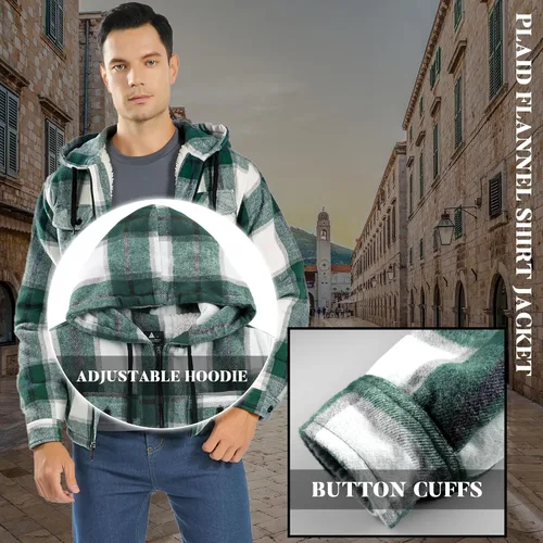 Vista 5 de Ceoutdoor Chaqueta de franela con capucha para hombre, forro polar, camisa de franela a cuadros con cremallera, sudadera con capucha de sherpa