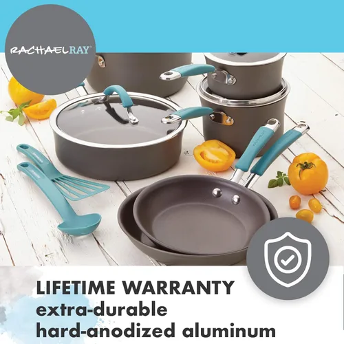 Vista 6 de Rachael Ray Cucina - Sartén antiadherente con mango auxiliar y proceso de anodizado duro., 14", azul/gris(Gray with Blue Handles)