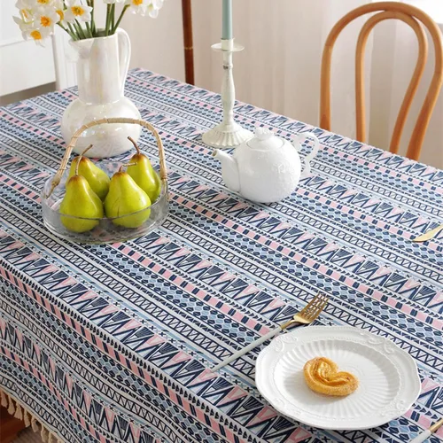 Vista 5 de Mantel bohemio de lino de algodón boheniano con borlas para mesas rectangulares, arpillera a rayas, cubierta de mesa de granja resistente a