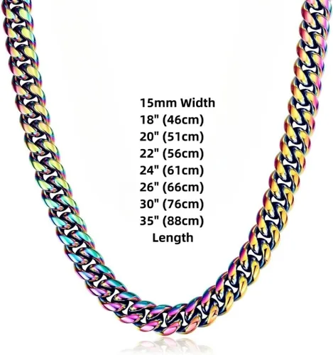 Vista 5 de Rowin&Co Mens Chunky Miami Cuban Link Chain - Rainbow Multicolor Stainless Steel Curb Necklace, Nickel-free, Colorful Chains, Hip Hop Jewelry Choker