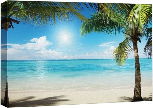 Vista 37 de wall26 - Lienzo decorativo para el hogar con aguas azules tropicales enmarcadas por palmeras, 12 x 18 pulgadas