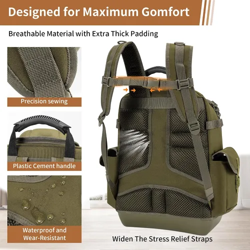Vista 6 de BLISSWILL Mochila de herramientas para hombres, mochila de herramientas resistente con base moldeada impermeable, 62 bolsillos/40 bucles bolsas