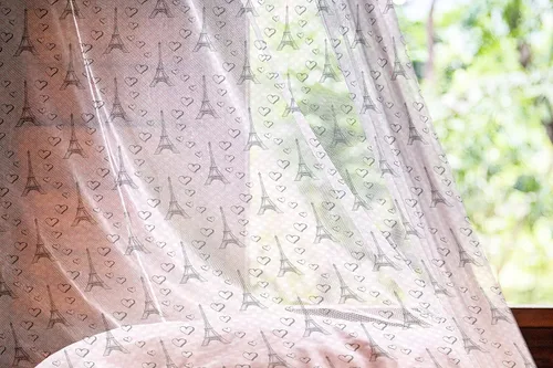 Vista 15 de Ambesonne Cortinas de tul Eiffel con bolsillo para barra, globos retro de corazón de café, remolinos de hito francés, cortina transparente