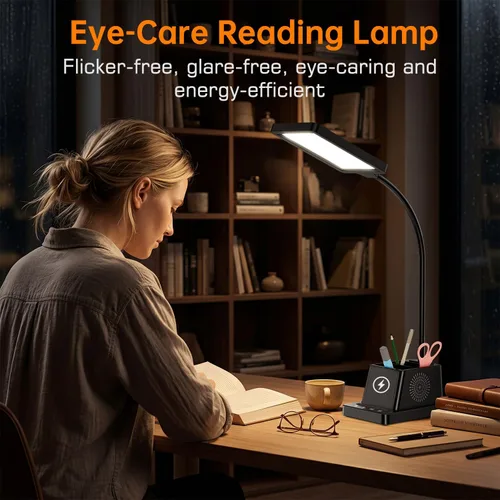 Vista 4 de Lámpara de escritorio LED Cozoo para hogar y oficina, lámpara de escritorio brillante de 15W con cargador inalámbrico y soporte para bolígrafos