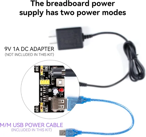 Vista 7 de Miuzei Kit de componentes electrónicos con módulo de suministro, cable de puente, placa de 830 puntos de conexión, potenciómetro de precisión