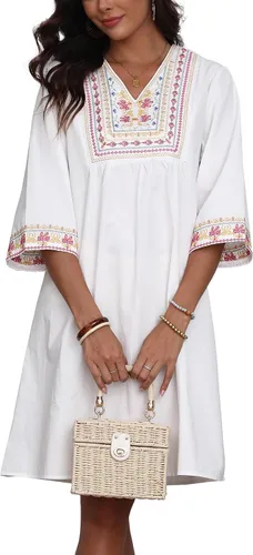 Vista 5 de Higustar Mini vestidos de verano de algodón blanco para mujer, estilo mexicano, estilo bohemio, vestido tipo babydoll para mujer
