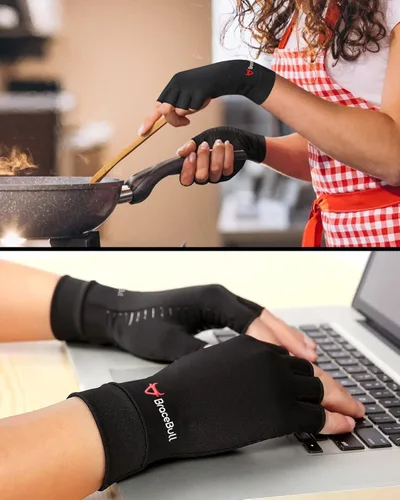 Vista 7 de BraceBull Guantes de artritis (1 par), guantes de compresión sin dedos con infusión de cobre, RSI y alivio del dolor de mano para mujeres y hombres
