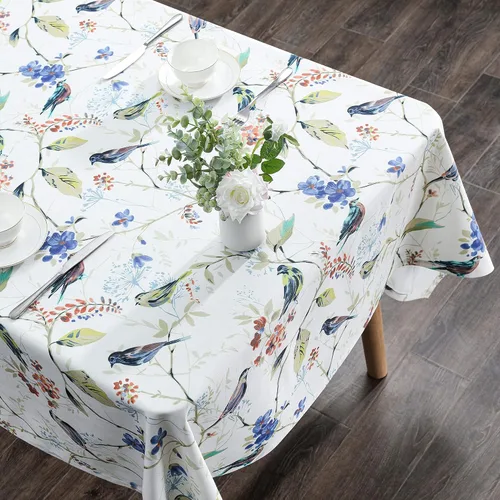 Vista 3 de VOGOL Mantel rectangular de lino lavable, resistente a las manchas y a las arrugas, estampado floral y de pájaros, mesa decorativa para mesa