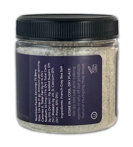 Vista 3 de Sal de acabado gris francés certificado Kosher, gris claro, grano medio, acabado europeo, 4 onzas, uso como está o en un molinillo.