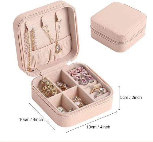 Vista 2 de FOME Joyero pequeño, organizador portátil de piel sintética, mini estuche de almacenamiento de joyas de viaje para anillos, aretes, collares