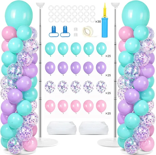 Vista 17 de Juego de 2 soportes de columna de globos plateados y blancos con 100 globos plateados con base para globos de confeti de suelo, kit de columna