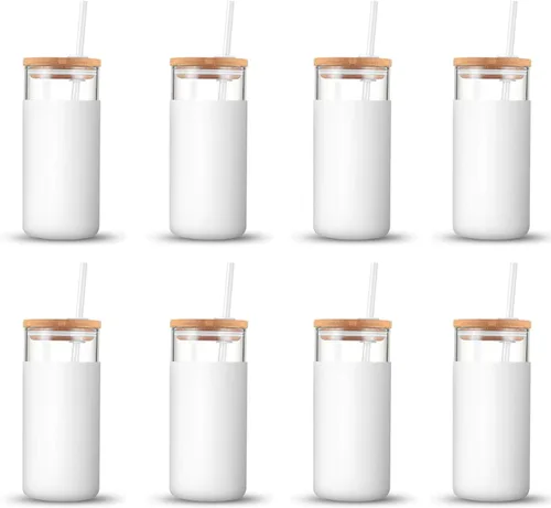 Vista 40 de Tronco Vaso de vidrio de 20 onzas con tapa y popote, taza de café helado y vaso para batido con tapas de bambú y funda protectora de silicona, apto