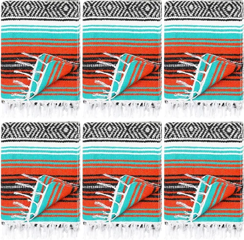 Vista 9 de 6 mantas mexicanas a granel de yoga auténtico, manta mexicana de sarape mexicano, manta grande de falsa a rayas coloridas con flecos para acampar al