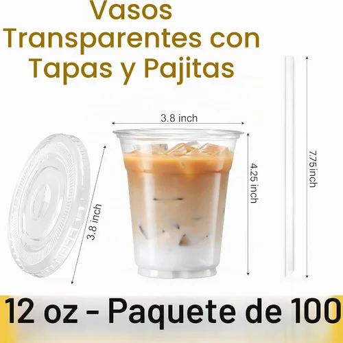 Vista 2 de Vasos transparentes de plástico [12 onzas] con tapas y pajitas [juego de 100] desechables para bebidas frías para beber café helado, agua, jugo
