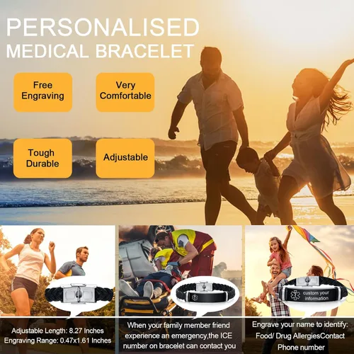 Vista 13 de MEALGUET Pulseras médicas personalizadas para hombres: grabado gratuito de acero inoxidable negro y cuero trenzado pulsera de alerta médica