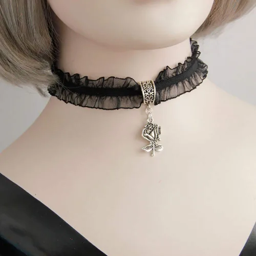 Vista 2 de DoubleNine Gargantilla de encaje negro retro gótico rosa colgante punk vintage Lolita 90s collar hecho a mano victoriana accesorios de boda