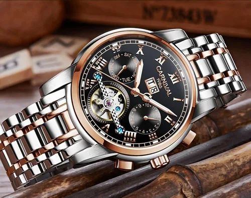 Vista 4 de CARNIVAL Mens tourbillon Automatic Mechanical Watch Silver Stainless Steel Multifunction Blue Watches