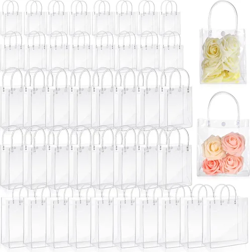 Vista 12 de LEIFIDE 50 bolsas de regalo de plástico transparente con asas, de PVC, reutilizables, transparentes, bolsas para dulces, escuela, fiesta