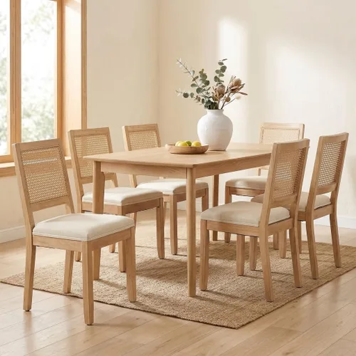 Vista 14 de French Country Dining Chairs Set of 2, Linen Upholstered Cane Back, Amber Soft linen upholstered seat with thick foam padding provides comfortable