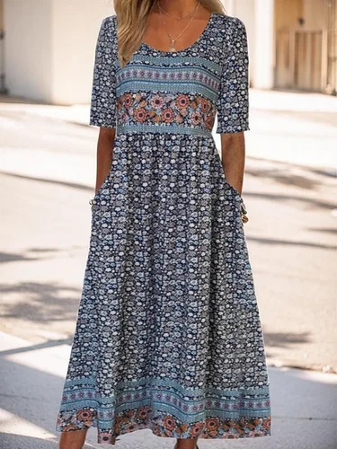 Vista 4 de Vestido largo con estampado floral para mujer, manga corta, con bolsillos, para uso casual de verano