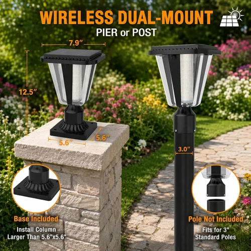 Vista 3 de Lovus Paquete de 2 luces solares para exteriores, 400 lúmenes, poste de aluminio del atardecer al amanecer con base de montaje en muelle, IP65