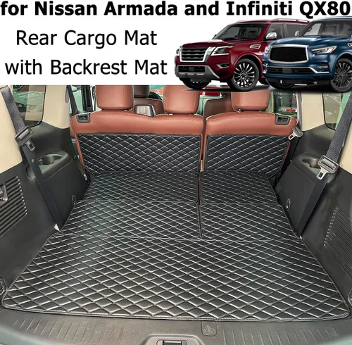 Vista 2 de para 2017-2024 Nissan Armada / 11-13 Infiniti QX56 / 2014-2024 QX80 Alfombra de maletero y fundas de respaldo trasero para 2ª+3ª fila (5 piezas)