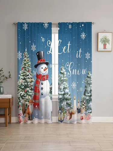 Vista 8 de Juego de 2 paneles de cortinas traslúcidas de Navidad de 63 pulgadas de largo, muñeco de nieve azul para dormitorio, sala de estar, bolsillo