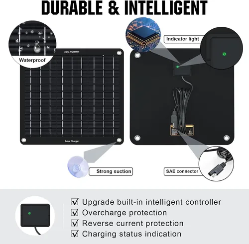 Vista 9 de ECO-WORTHY Cargador Mantenedor de Batería Solar para Automóvil de 10W, 12V Impermeable Portátil, Cargador de Goteo Solar para Automóvil, Camión