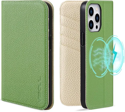 Vista 18 de VISOUL Pebbled - Funda de piel auténtica para iPhone 15 Pro Max con tarjetero y función atril magnético para iPhone 15 Pro Max (6.7 pulgadas)