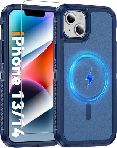 Vista 14 de Funda magnética para iPhone 13/iPhone 14 [compatible con Magsafe] [protector de pantalla de vidrio] [protección de grado militar de doble capa]