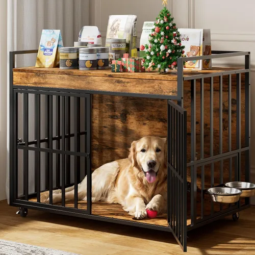 Vista 7 de Muebles de jaula para perros grandes y resistentes con cuencos y ruedas giratorios de 360°