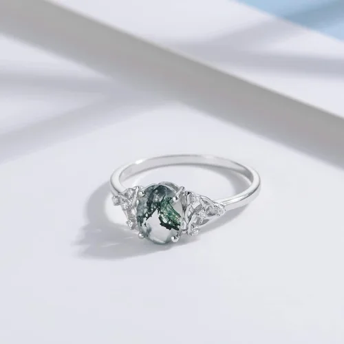 Vista 5 de MUUYON Anillo de compromiso de ágata musgo natural para mujer, oro real sólido de 14 quilates, ágata musgo, anillo de compromiso de novia con ágata
