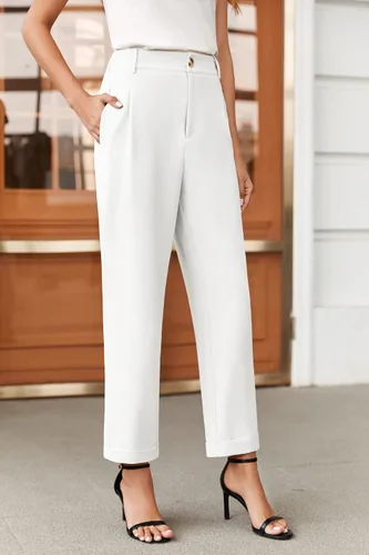 Vista 4 de Febriajuce Pantalones de vestir de cintura alta elástica para mujer, pantalones de trabajo plisados con botones, pantalones de trabajo de pierna