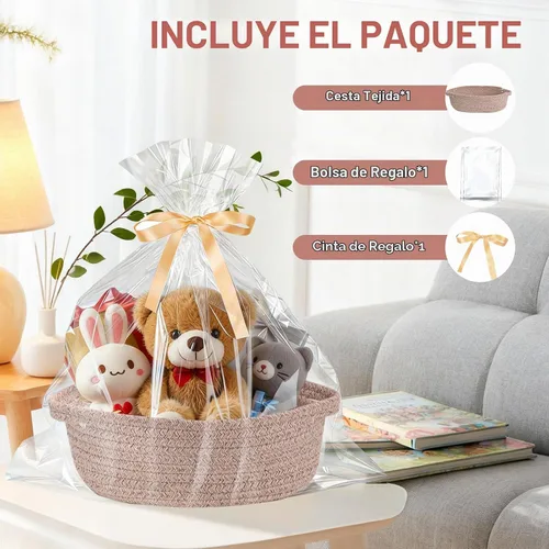 Vista 4 de Cesta para regalos vacía, pequeña cesta tejida con bolsas y cintas, cestas de juguetes para bebé con asas, contenedor de almacenamiento de mimbre