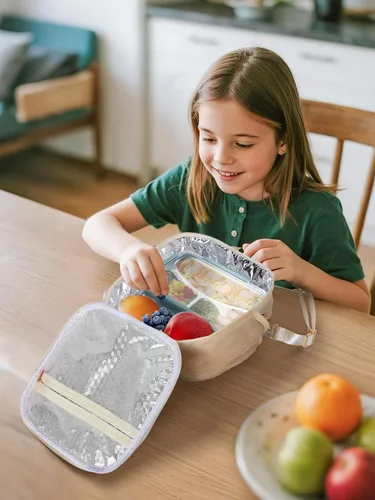 Vista 5 de Bolsa de almuerzo aislada para niños con correa ajustable para niñas, color beige Easy to Clean, Reusable Large Lunch Bag, Holds Lunch Box Snack