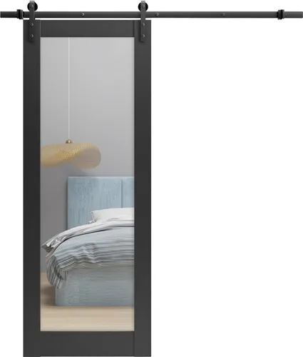 Vista 11 de SARTODOORS Puerta de granero resistente de 18 x 80 pulgadas Lucia 1299 negro mate con espejo Juego de perchas de riel de 6.6 pies Puertas