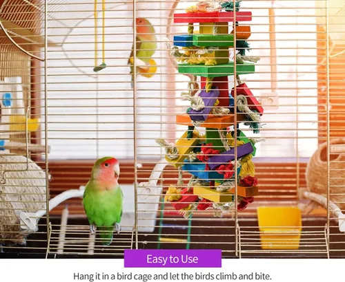 Vista 6 de RUBY.Q - Juguete grande de loro de 20 pulgadas, multicolor de madera natural para masticar pájaros para guacamayos grandes de Amazon Parrots, gris