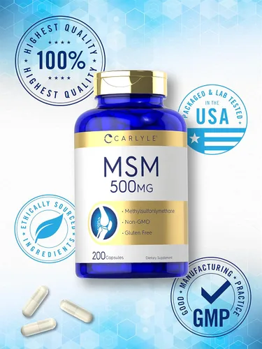 Vista 5 de Carlyle MSM Suplemento Cápsulas 500mg 200 unidades Fórmula sin OMG y sin gluten Metilsulfonilmetano